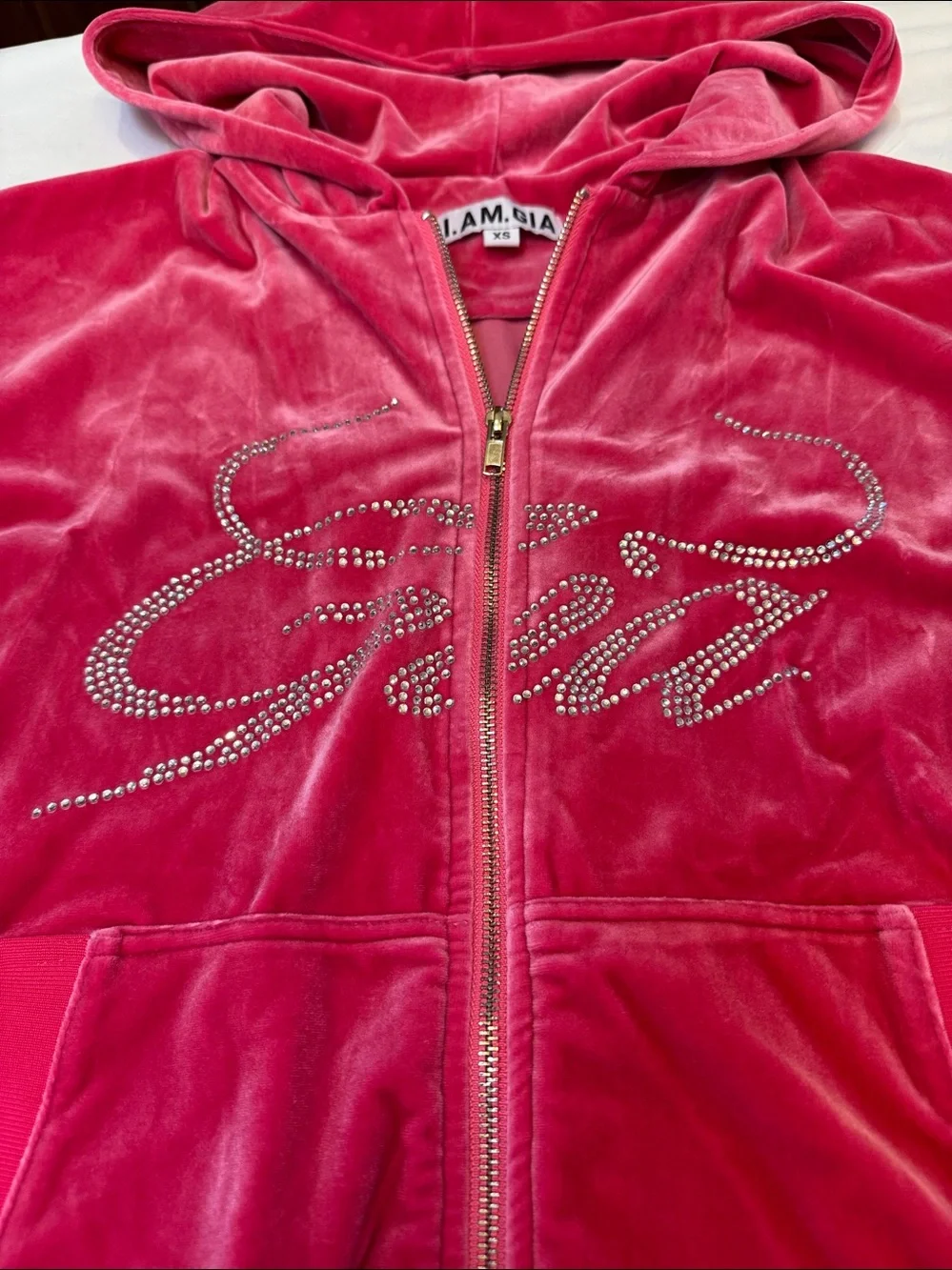 I am Gia Hot Pink Velour angel wing Rhinestone Zip Hoodie & Joggers See pics